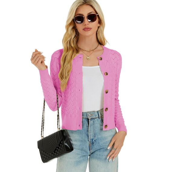 Enjyam Damen Strickjacke Langarm Elegant Kurz Cardigan mit Knöpfe Rundhals Leichte Trachtenjacke zum Top Kleid Rosa,L