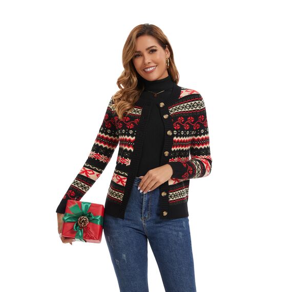 Enjyam Damen Strickjacke Langarm Rundhals Cardigan mit Norweger Strickmuster Weiche Strickweste mit Knopfleiste Schwarz,L