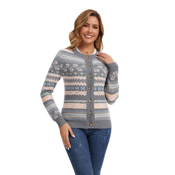 Enjyam Damen Strickjacke Langarm Rundhals Cardigan mit Norweger Strickmuster Weiche Strickweste mit Knopfleiste Grau,L