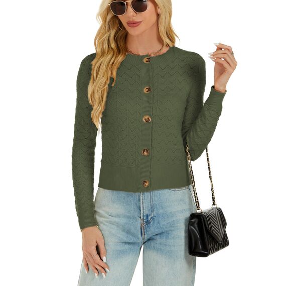 Enjyam Damen Strickjacke Langarm Elegant Kurz Cardigan mit Knöpfe Rundhals Weiche Leichte Jacke zum Top Kleid Grün,L