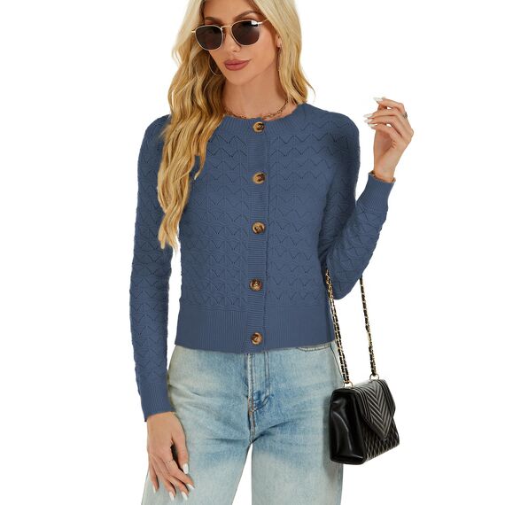 Enjyam Damen Strickjacke Langarm Elegant Kurz Cardigan mit Knöpfe Rundhals Weiche Leichte Jacke zum Top Kleid Blau,M