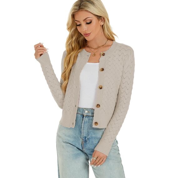 Enjyam Damen Strickjacke Langarm Elegant Kurz Cardigan mit Knöpfe Rundhals Leichte Trachtenjacke zum Top Kleid,S