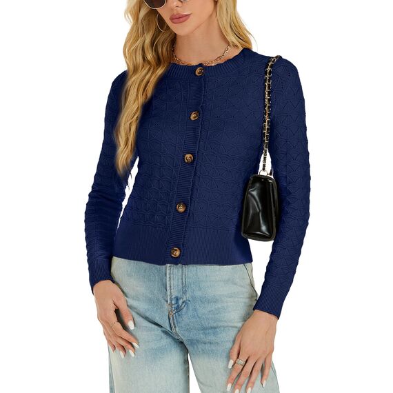 Enjyam Damen Strickjacke Langarm Elegant Kurz Cardigan mit Knöpfe Rundhals Weiche Leichte Jacke zum Top Kleid Navy,S