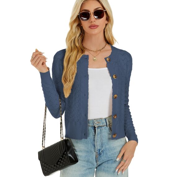 Enjyam Damen Strickjacke Elegant Langarm Rundhals Cardigan Leicht Jäckchen mit Knöpfe Weiche Strickweste über Top Kleid Blau,L