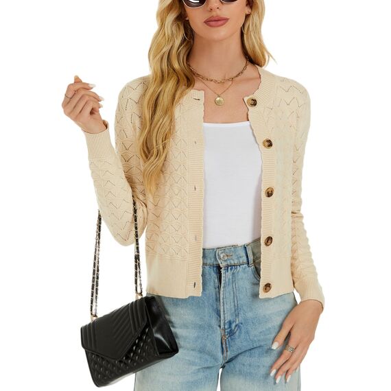 Damen Strickjacke Elegant Langarm Rundhals Cardigan Leicht Bolero Jäckchen mit Knöpfe Weiche Jacke über Top Kleid Beige,XL