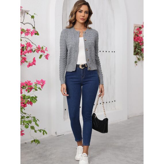 Enjyam Damen Strickjacke Langarm Elegant Kurz Cardigan mit Knöpfe Rundhals Weiche Leichte Jacke zum Top Kleid Grau,XL