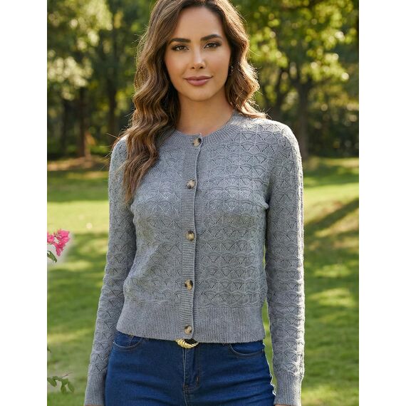 Enjyam Damen Strickjacke Langarm Elegant Kurz Cardigan mit Knöpfe Rundhals Weiche Leichte Jacke zum Top Kleid Hellgrau,L