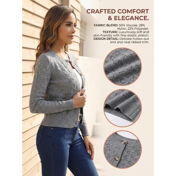Enjyam Damen Strickjacke Langarm Elegant Kurz Cardigan mit Knöpfe Rundhals Weiche Leichte Jacke zum Top Kleid Hellgrau,L