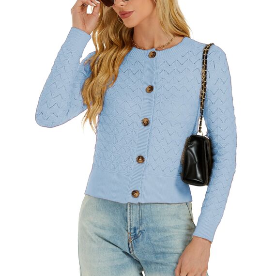 Enjyam Damen Strickjacke Langarm Elegant Kurz Cardigan mit Knöpfe Rundhals Weiche Leichte Jacke zum Top Kleid Blau,S