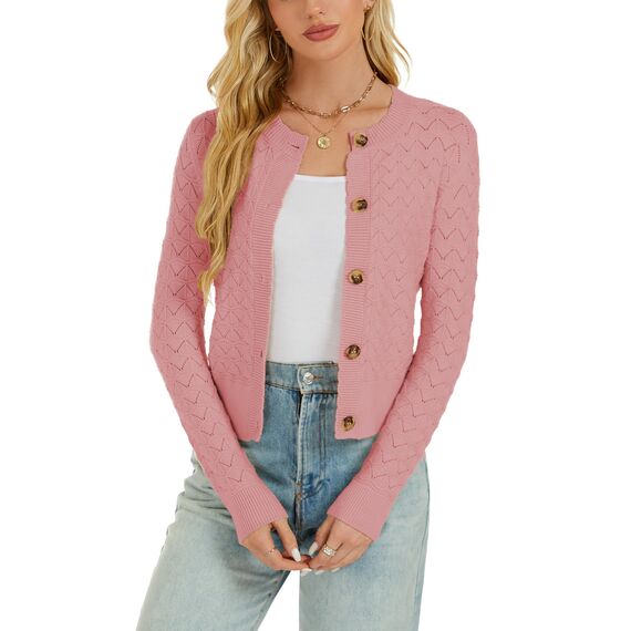 Enjyam Damen Strickjacke Langarm Elegant Kurz Cardigan mit Knöpfe Rundhals Weiche Leichte Jacke zum Top Kleid Lachsrosa,L