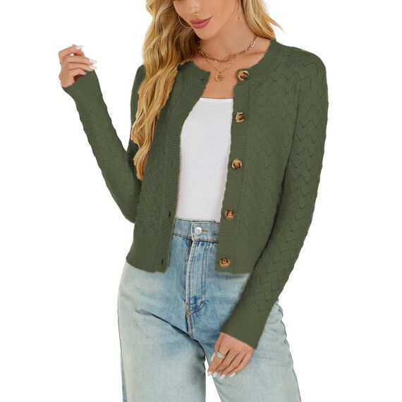 Enjyam Damen Strickjacke Langarm Elegant Kurz Cardigan mit Knöpfe Rundhals Weiche Leichte Jacke zum Top Kleid Grün,L