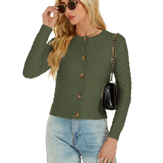 Enjyam Damen Strickjacke Langarm Elegant Kurz Cardigan mit Knöpfe Rundhals Weiche Leichte Jacke zum Top Kleid Grün,M