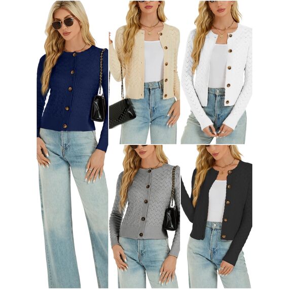 Damen Strickjacke Elegant Langarm Rundhals Cardigan Leicht Bolero Jäckchen mit Knöpfe Weiche Jacke über Top Kleid Grau,S