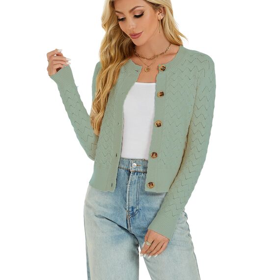 Enjyam Damen Strickjacke Langarm Elegant Kurz Cardigan mit Knöpfe Rundhals Leichte Trachtenjacke zum Top Kleid Salbei,XL