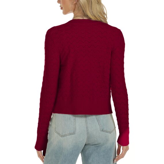 Damen Strickjacke Elegant Langarm Rundhals Cardigan Leicht Bolero Jäckchen mit Knöpfe Weiche Jacke über Top Kleid Weinrot,L
