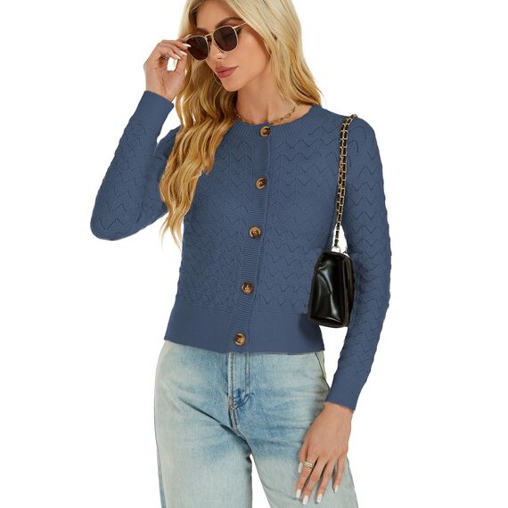 Enjyam Damen Strickjacke Elegant Langarm Rundhals Cardigan Leicht Jäckchen mit Knöpfe Weiche Strickweste über Top Kleid Blau,L