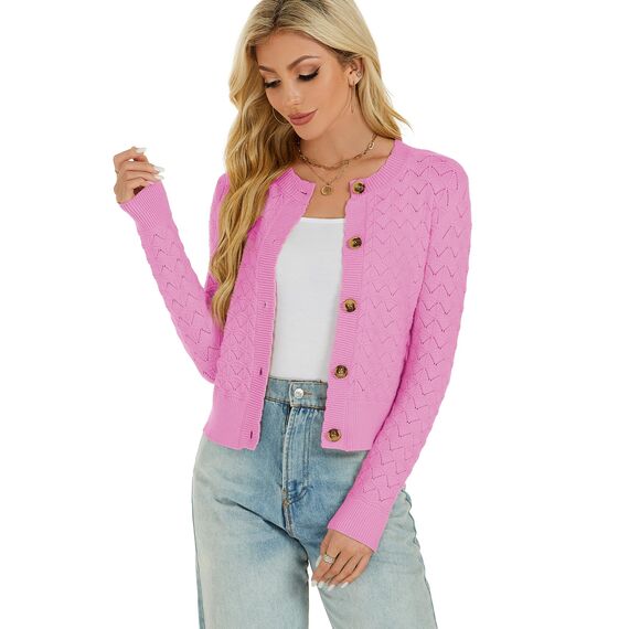 Enjyam Damen Strickjacke Langarm Elegant Kurz Cardigan mit Knöpfe Rundhals Leichte Trachtenjacke zum Top Kleid Rosa,L
