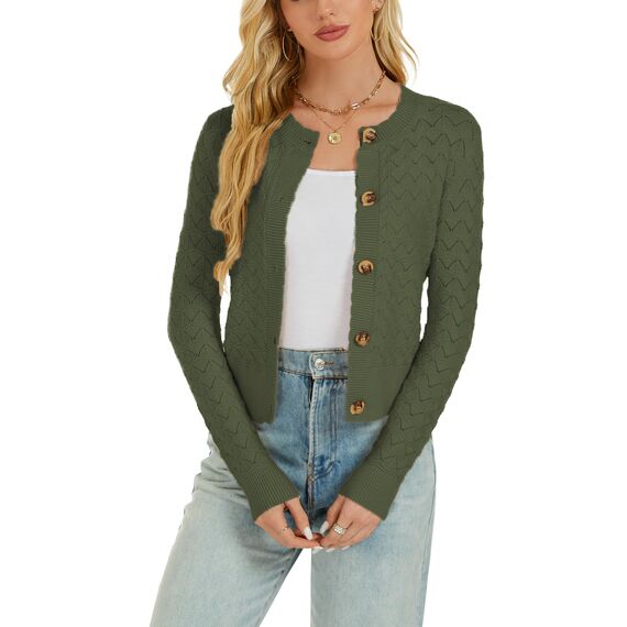 Enjyam Damen Strickjacke Langarm Elegant Kurz Cardigan mit Knöpfe Rundhals Weiche Leichte Jacke zum Top Kleid Grün,L