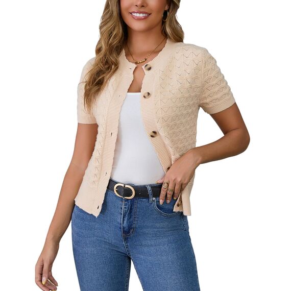 Enjyam Damen Strickjacke Kurzarm Elegant Kurz Cardigan mit Knöpfe Rundhals Weiche Leichte Jacke zum Top Kleid Beige,XL