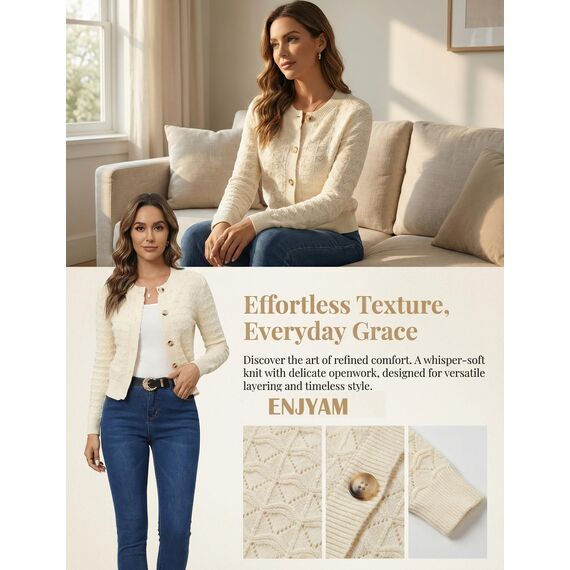 Enjyam Damen Strickjacke Langarm Elegant Kurz Cardigan mit Knöpfe Rundhals Weiche Leichte Jacke zum Top Kleid