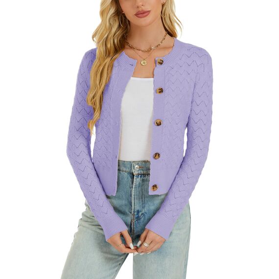 Enjyam Damen Strickjacke Elegant Langarm Rundhals Cardigan Leicht Bolero Jäckchen mit Knöpfe Weiche Strickweste Lila,S