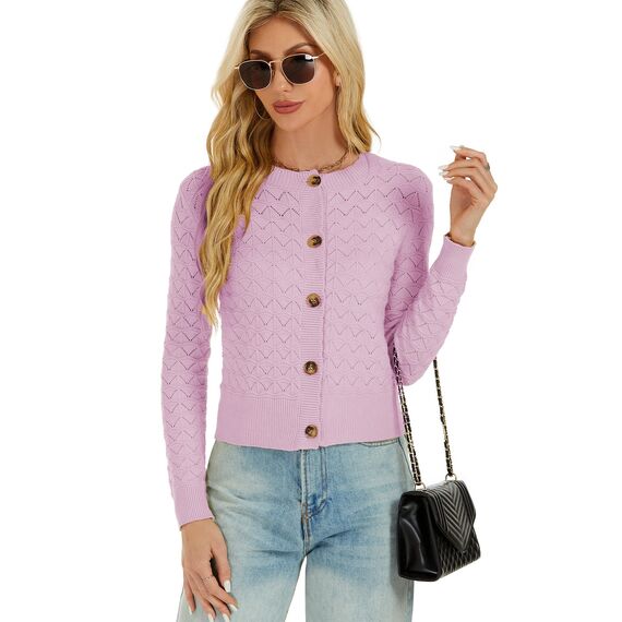 Enjyam Damen Strickjacke Langarm Elegant Kurz Cardigan mit Knöpfe Rundhals Leichte Trachtenjacke zum Top Kleid
