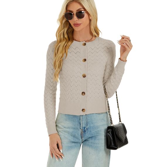 Enjyam Damen Strickjacke Langarm Elegant Kurz Cardigan mit Knöpfe Rundhals Leichte Trachtenjacke zum Top Kleid,S