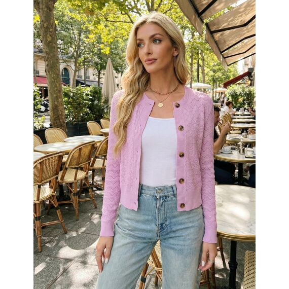 Enjyam Damen Strickjacke Langarm Elegant Kurz Cardigan mit Knöpfe Rundhals Leichte Trachtenjacke zum Top Kleid