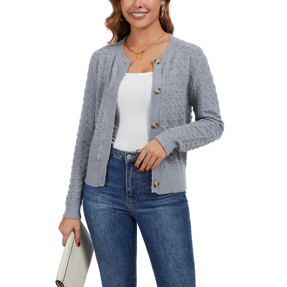 Enjyam Damen Strickjacke Langarm Elegant Kurz Cardigan mit Knöpfe Rundhals Weiche Leichte Jacke zum Top Kleid Hellgrau,L