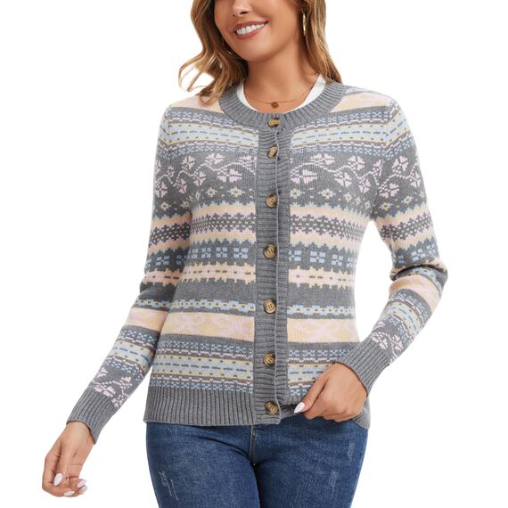 Enjyam Damen Strickjacke Langarm Rundhals Cardigan mit Norweger Strickmuster Weiche Strickweste mit Knopfleiste Grau,L
