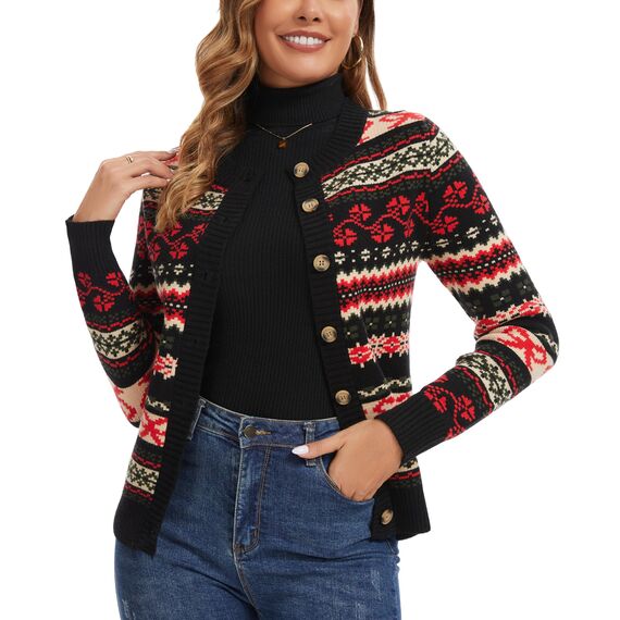 Enjyam Damen Strickjacke Langarm Rundhals Cardigan mit Norweger Strickmuster Weiche Strickweste mit Knopfleiste Schwarz,L