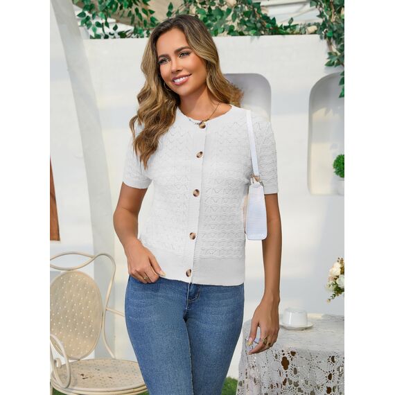 Enjyam Damen Strickjacke Kurzarm Elegant Kurz Cardigan mit Knöpfe Rundhals Weiche Leichte Jacke zum Top Kleid Weiß,L