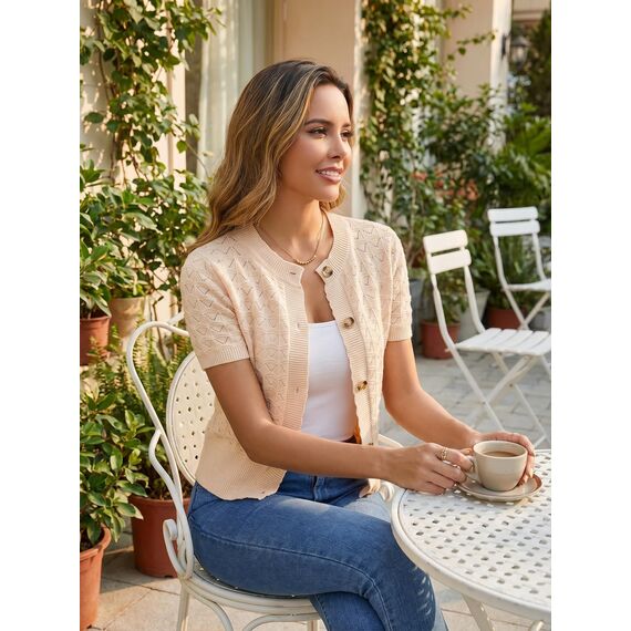 Enjyam Damen Kurze Strickjacke Elegant Kurzarm Rundhals Cardigan Leicht Dünn Bolero Jäckchen über Top Kleid Beige,L