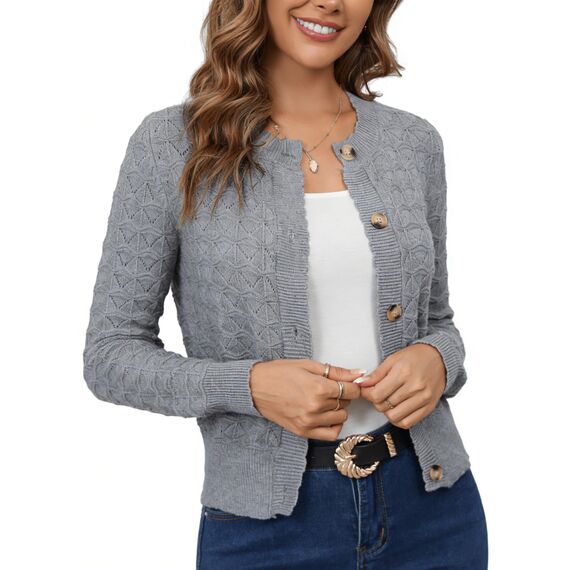 Enjyam Damen Strickjacke Langarm Elegant Kurz Cardigan mit Knöpfe Rundhals Leichte Trachtenjacke zum Top Kleid Hellgrau,XXL