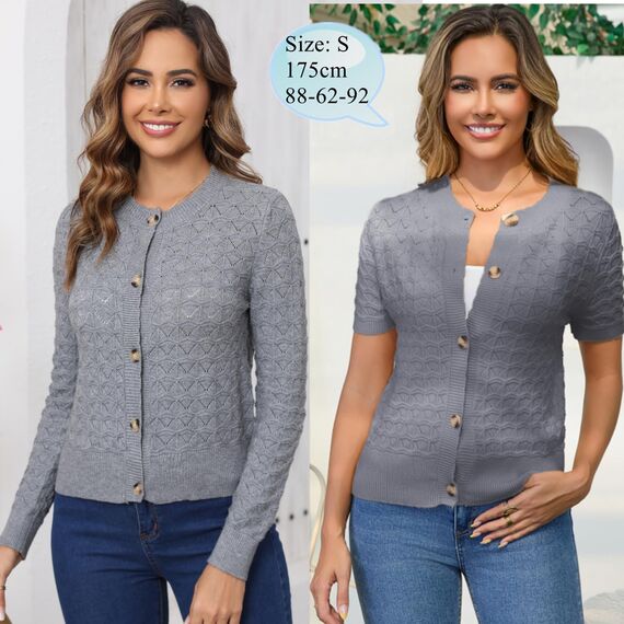 Enjyam Damen Strickjacke Kurzarm Elegant Kurz Cardigan mit Knöpfe Rundhals Weiche Leichte Jacke zum Top Kleid Grau,XL