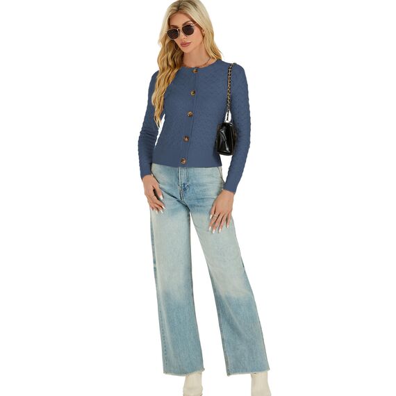 Enjyam Damen Strickjacke Elegant Langarm Rundhals Cardigan Leicht Jäckchen mit Knöpfe Weiche Strickweste über Top Kleid Blau,XXL