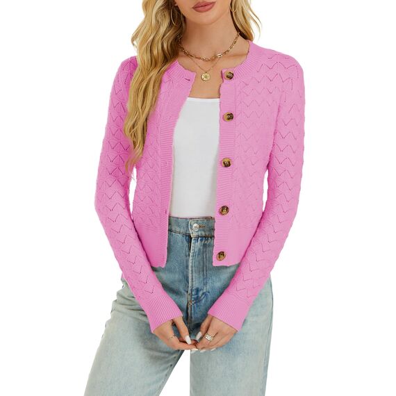 Enjyam Damen Strickjacke Langarm Elegant Kurz Cardigan mit Knöpfe Rundhals Leichte Trachtenjacke zum Top Kleid Rosa,XXL