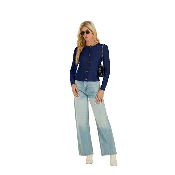 Damen Strickjacke Elegant Langarm Rundhals Cardigan Leicht Bolero Jäckchen mit Knöpfe Weiche Jacke über Top Kleid Navy,XL
