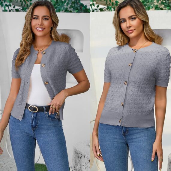 Enjyam Damen Strickjacke Kurzarm Elegant Kurz Cardigan mit Knöpfe Rundhals Weiche Leichte Jacke zum Top Kleid Grau,XL