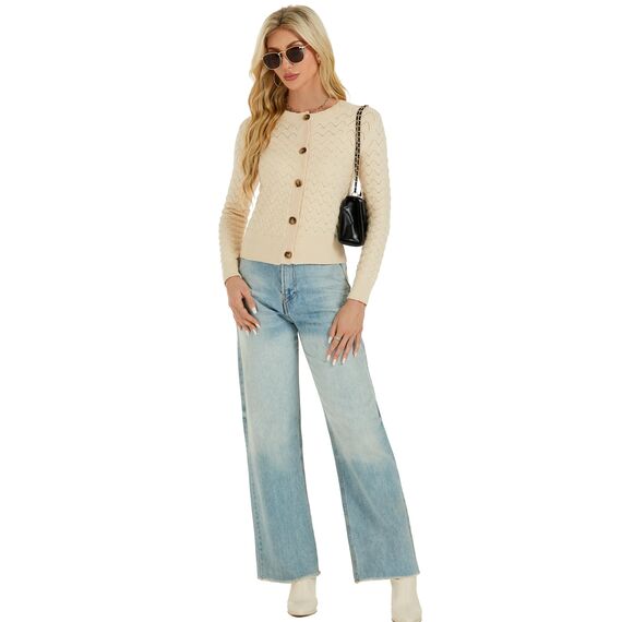 Enjyam Damen Strickjacke Langarm Elegant Kurz Cardigan mit Knöpfe Rundhals Weiche Leichte Jacke zum Top Kleid Beige,XXL