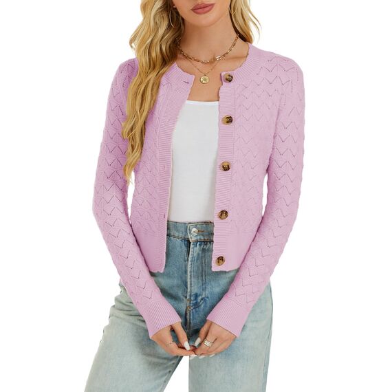 Enjyam Damen Strickjacke Langarm Elegant Kurz Cardigan mit Knöpfe Rundhals Weiche Leichte Jacke zum Top Kleid
