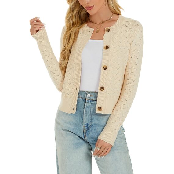 Enjyam Damen Strickjacke Langarm Elegant Kurz Cardigan mit Knöpfe Rundhals Weiche Leichte Jacke zum Top Kleid Beige,XXL
