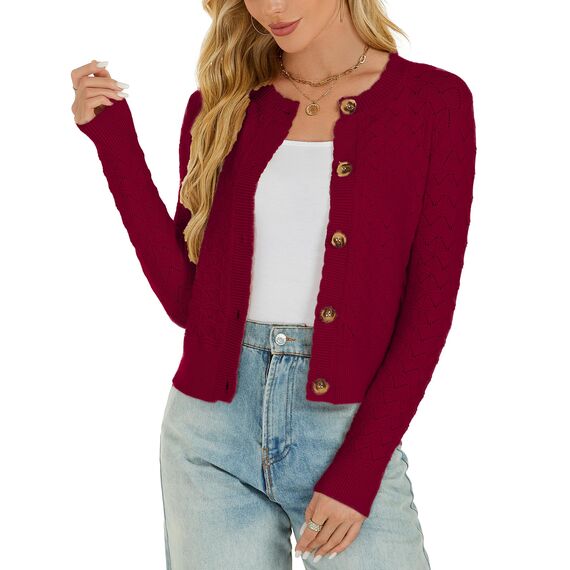 Enjyam Damen Strickjacke Langarm Elegant Kurz Cardigan mit Knöpfe Rundhals Weiche Leichte Jacke zum Top Kleid Weinrot,XXL