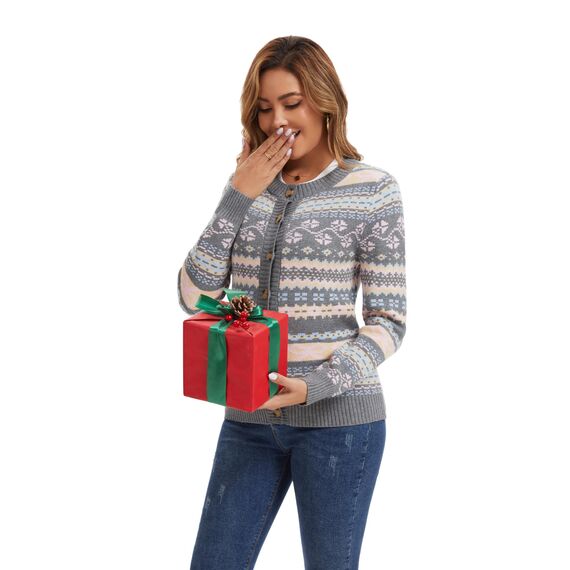 Enjyam Damen Strickjacke Langarm Rundhals Cardigan mit Norweger Strickmuster Weiche Strickweste mit Knopfleiste Grau,XXL