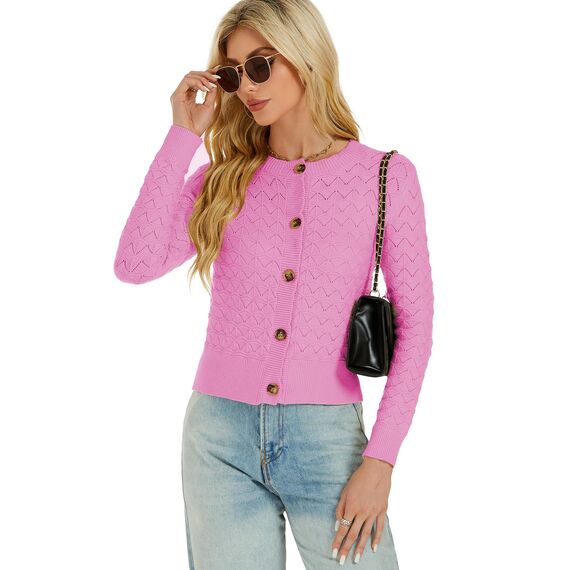 Enjyam Damen Strickjacke Langarm Elegant Kurz Cardigan mit Knöpfe Rundhals Leichte Trachtenjacke zum Top Kleid Rosa,XXL