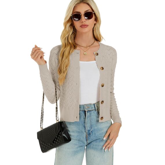 Enjyam Damen Strickjacke Langarm Elegant Kurz Cardigan mit Knöpfe Rundhals Leichte Trachtenjacke zum Top Kleid,XXL
