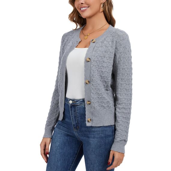 Enjyam Damen Strickjacke Langarm Elegant Kurz Cardigan mit Knöpfe Rundhals Leichte Trachtenjacke zum Top Kleid Hellgrau,XXL