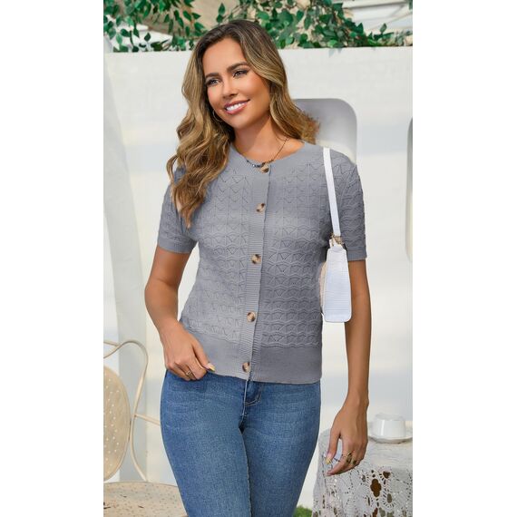 Enjyam Damen Strickjacke Kurzarm Elegant Kurz Cardigan mit Knöpfe Rundhals Weiche Leichte Jacke zum Top Kleid Grau,XL