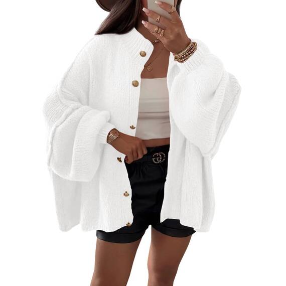 Saodimallsu Strickjacke Damen Kurz Laternenärmel Cardigan Knopfleiste Open Front Sweater Langarm Lose Strickmantel Herbst Winter Gestrickt Jacke Weiß L