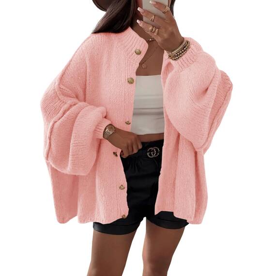 Saodimallsu Strickjacke Damen Kurz Laternenärmel Cardigan Knopfleiste Open Front Sweater Langarm Lose Strickmantel Herbst Winter Gestrickt Jacke Rosa L